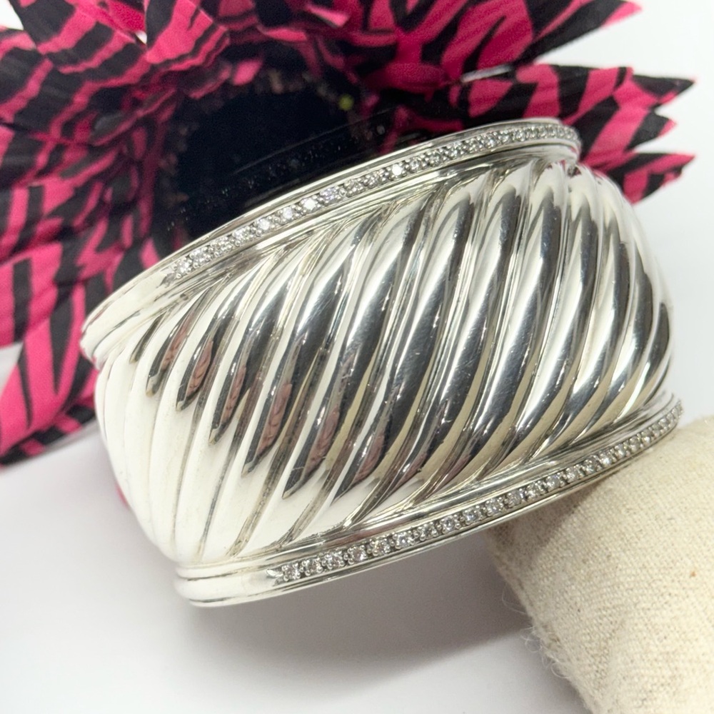 David Yurman Thoroughbred Wide Diamond Cable Cuff Bracelet .925 - Picture 14 of 14